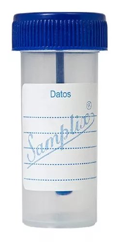 FRASCO DE HECES CON ESPATULA AZUL 30 ML CAJON X 500 UN