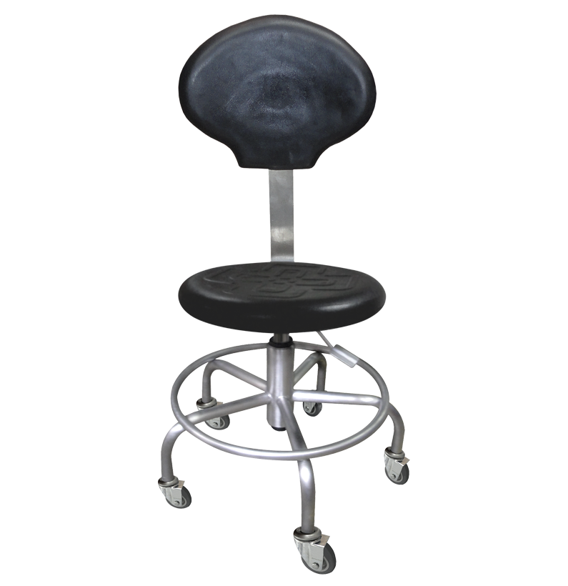 TABURETE DE ACERO INOXIDABLE CON ASIENTO GIRATORIO RODABLE CON RESPALDO (M – 162)