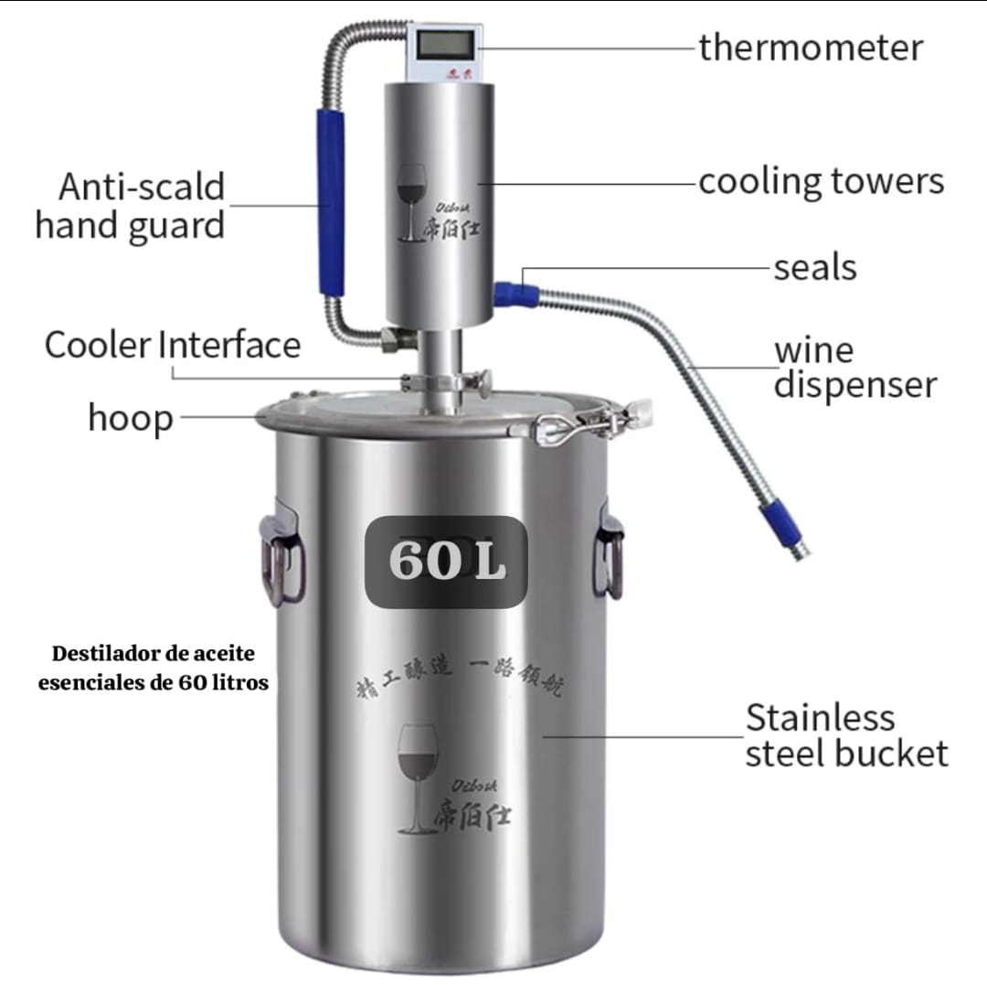 DESTILADOR DE ACEITE ESENCIALES DE 60 LITROS ELECTRICOS
