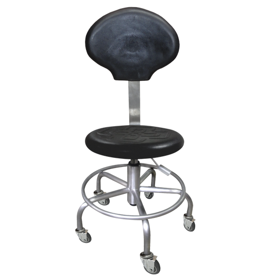 TABURETE DE ACERO INOXIDABLE CON ASIENTO GIRATORIO RODABLE CON RESPALDO (M – 162)