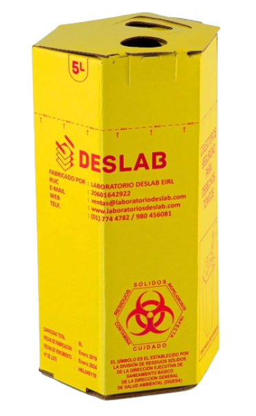 Recipiente de Cartón para Punzocortantes Hexagonal de 5 Litros (AMARILLO Y ROJO)