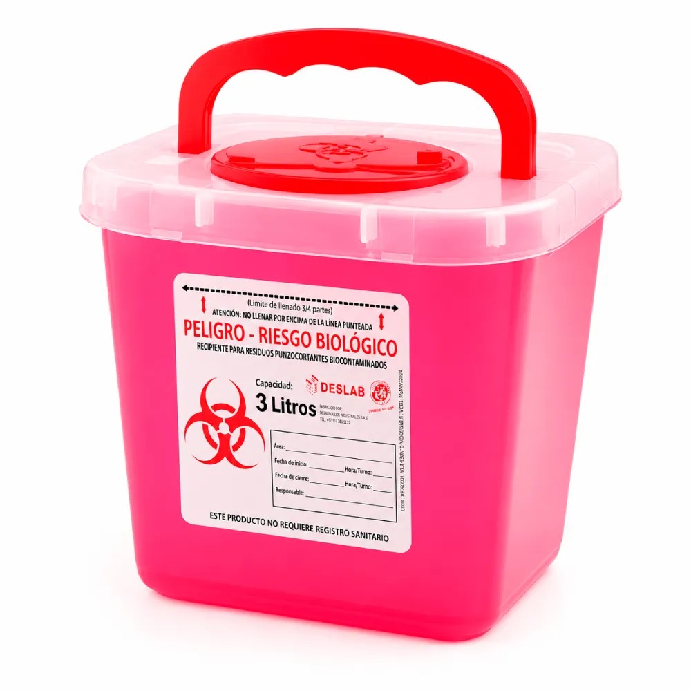 Recipiente de Plástico para Punzocortantes de 2 y 3 Litros Color Rojo Translúcido