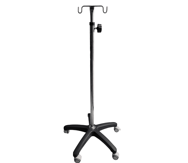 PORTA SUERO RODABLE BASE PENTAGONAL DE PVC CON PARANTE EN ACERO INOXIDABLE