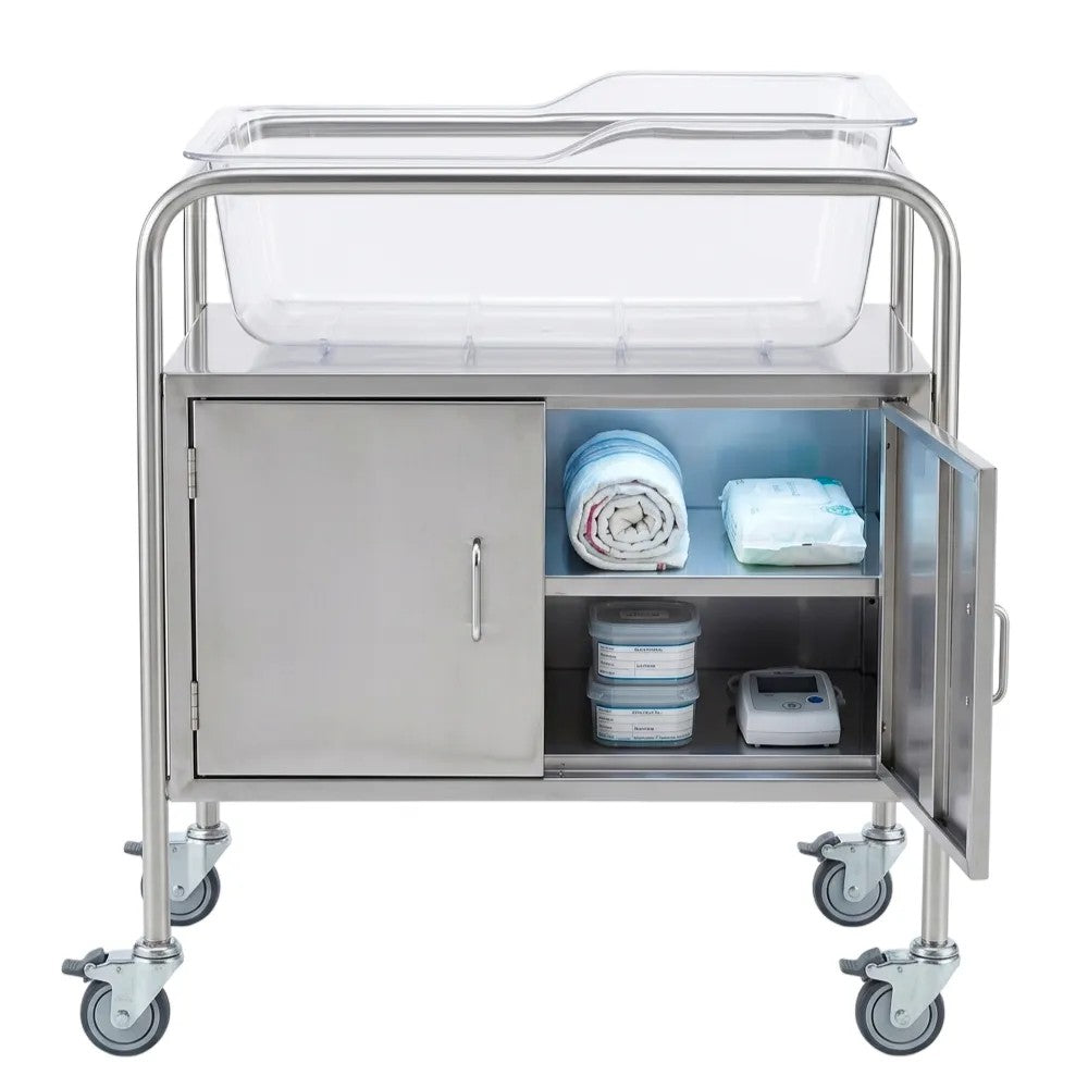 COCHE PORTA CUNA ACRÍLICA CON GABINETE DE ACERO INOXIDABLE (M - 85 )