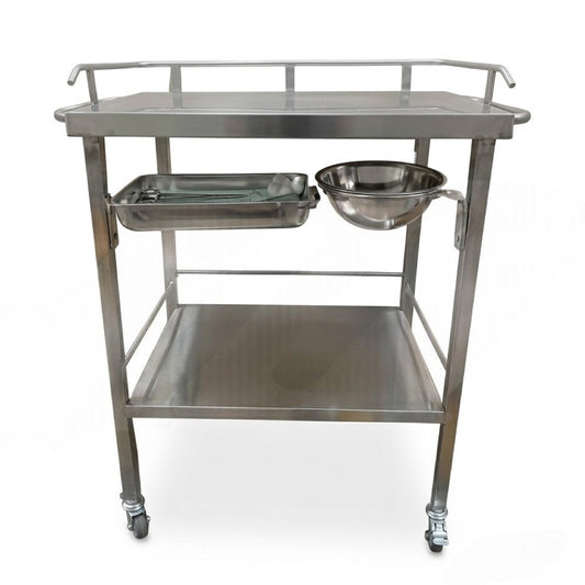 MESA RODABLE DE ACERO INOXIDABLE PARA CURACIONES CON TABLERO (M-99)