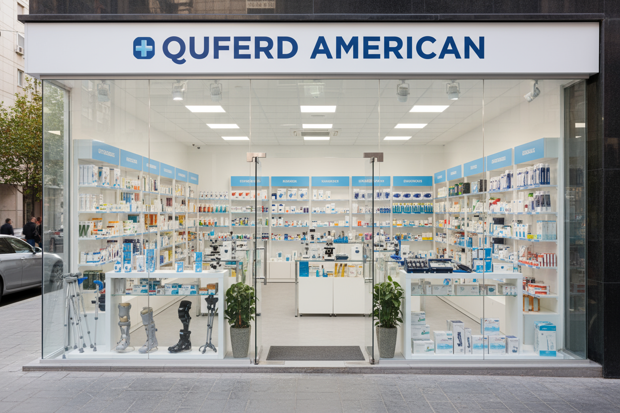 TIENDA DE PRODUCTOS CLINICOS, LABORATORIO Y ORTOPEDIA CON LOGO DE LA EMPRESA QUFERD AMERICAN